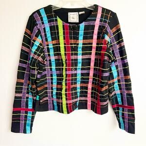 Vintage Michael Simon Lite Colorful Plaid Embroidered Button Down Top Medium